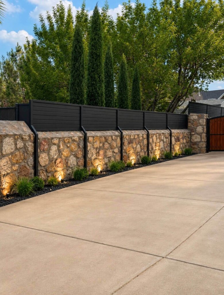 Modern rock wall privacy fence with horizontal metal installed in El Paso, Texas backyard by El Paso Fence Company